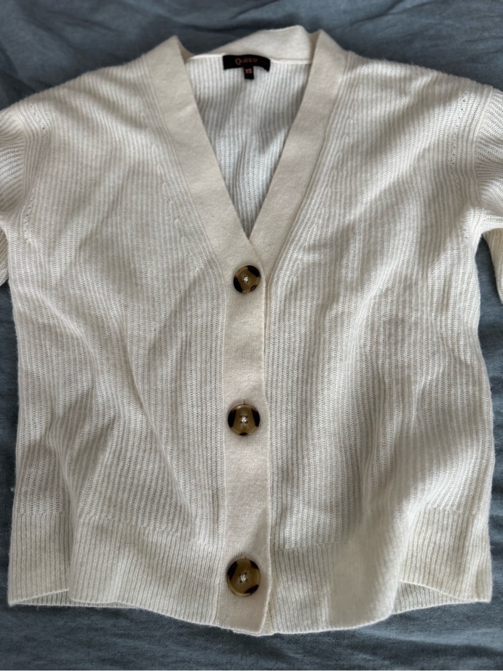 Quince Cream Ribbed V-Neck Button Cardigan